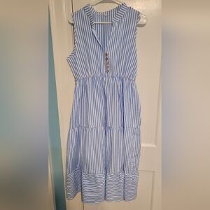 NWOT Blue & white pinstriped ruffle sundress maxi dress sz L
